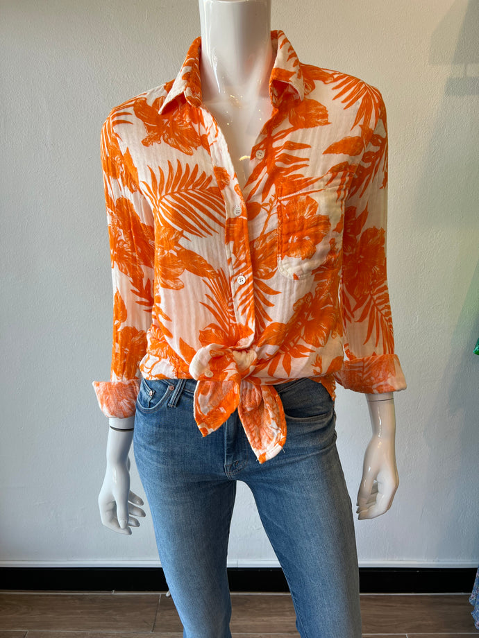 Felicite Boyfriend Button Down Gauze Top - Orange Palm