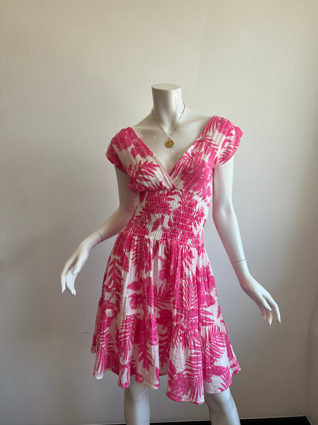 Felicite Short Smocked Gauze Dress - Pink Palm