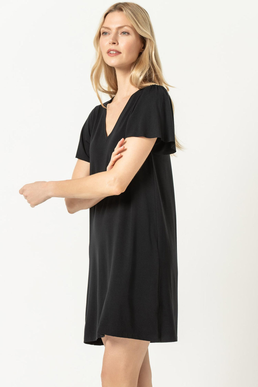 Flutter Sleeve V-Neck Dress - Black / Medium - Lilla P Flutter Sleeve V-Neck Dress - Black / Medium - Lilla P