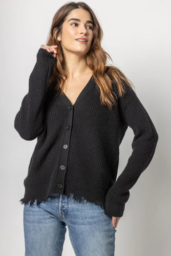 Lilla P Distressed Rib Cardigan - Black