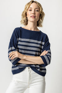 Lilla P Oversized Boatneck Sweater - Flax Stripe , Navy Stripe