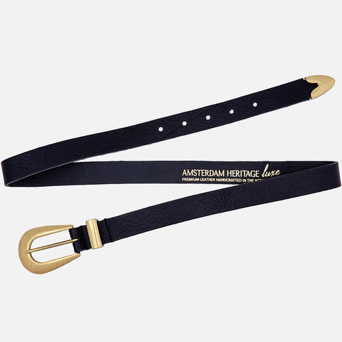 Amsterdam Heritage - Adrie Skinny Leather Belt with Horseshoe Buckle and Tip - Black