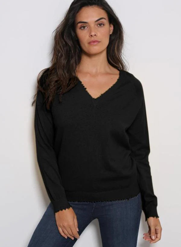 Minnie Rose Cotton Cashmere Distressed V Neck Sweater Black