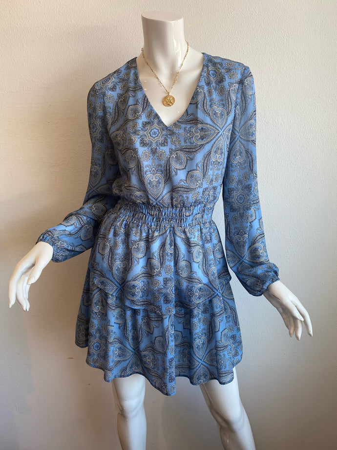 Lavender Brown - Long Sleeve Ruffle Mini Dress - Blue Multi
