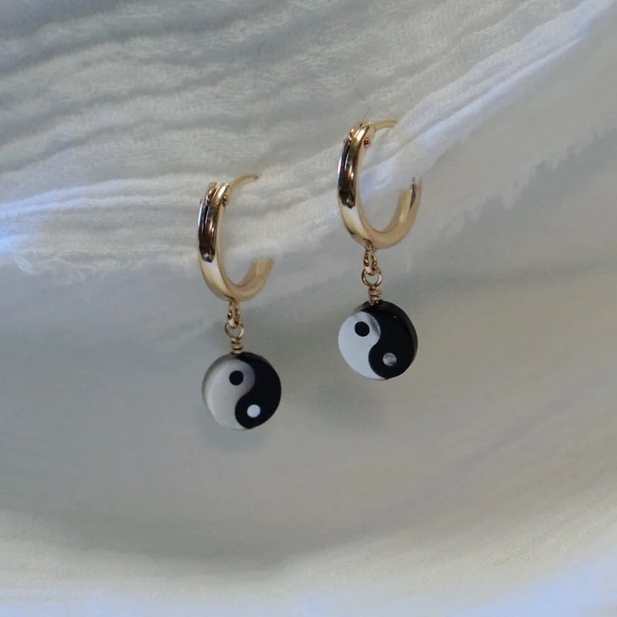 Imi Yin Yang Mother of Pearl Huggie Hoop Earring - Gold Fill