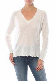 Minnie Rose Cotton Cashmere Distressed V Neck Sweater White